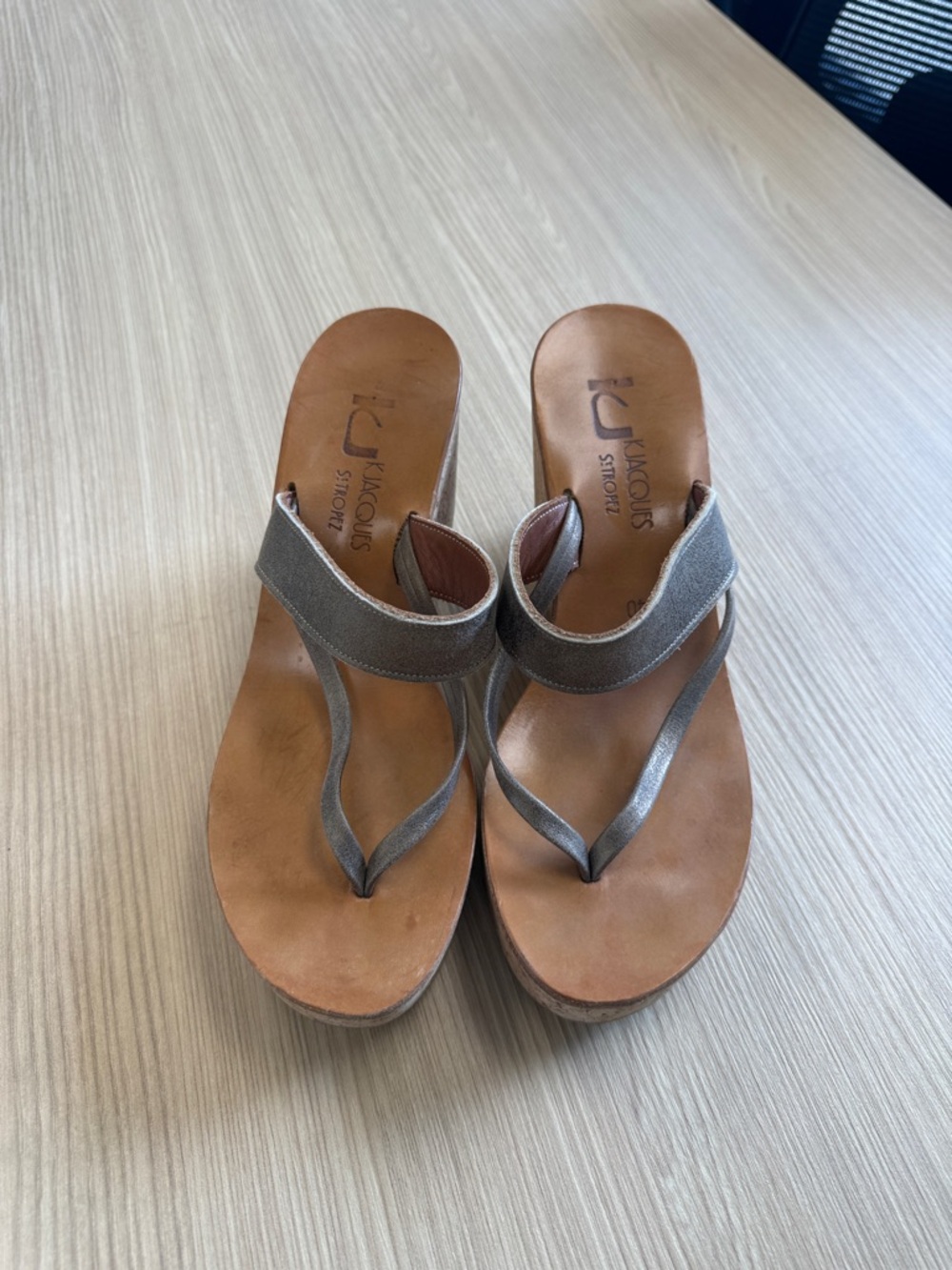Metallic Taupe Leather Wedge Thong Sandals
